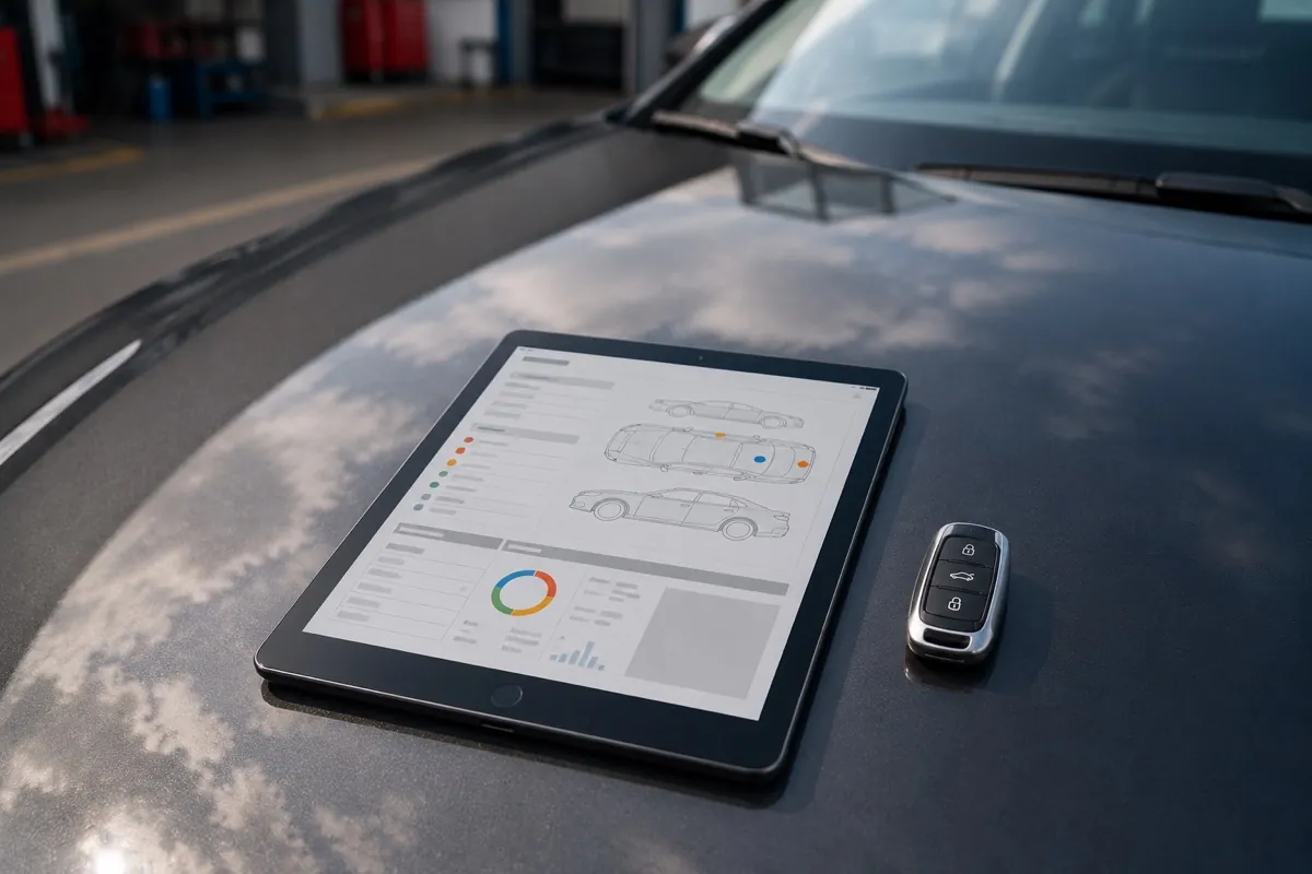 KI-erzeugtes Bild: Tablet mit Schadensbericht auf einer Motorhaube