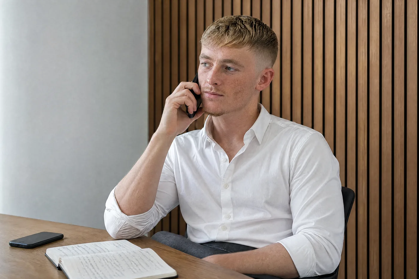 Dominic Wolter sitzt am Schreibtisch, das Telefon am Ohr, vor sich ein offenes Notizbuch