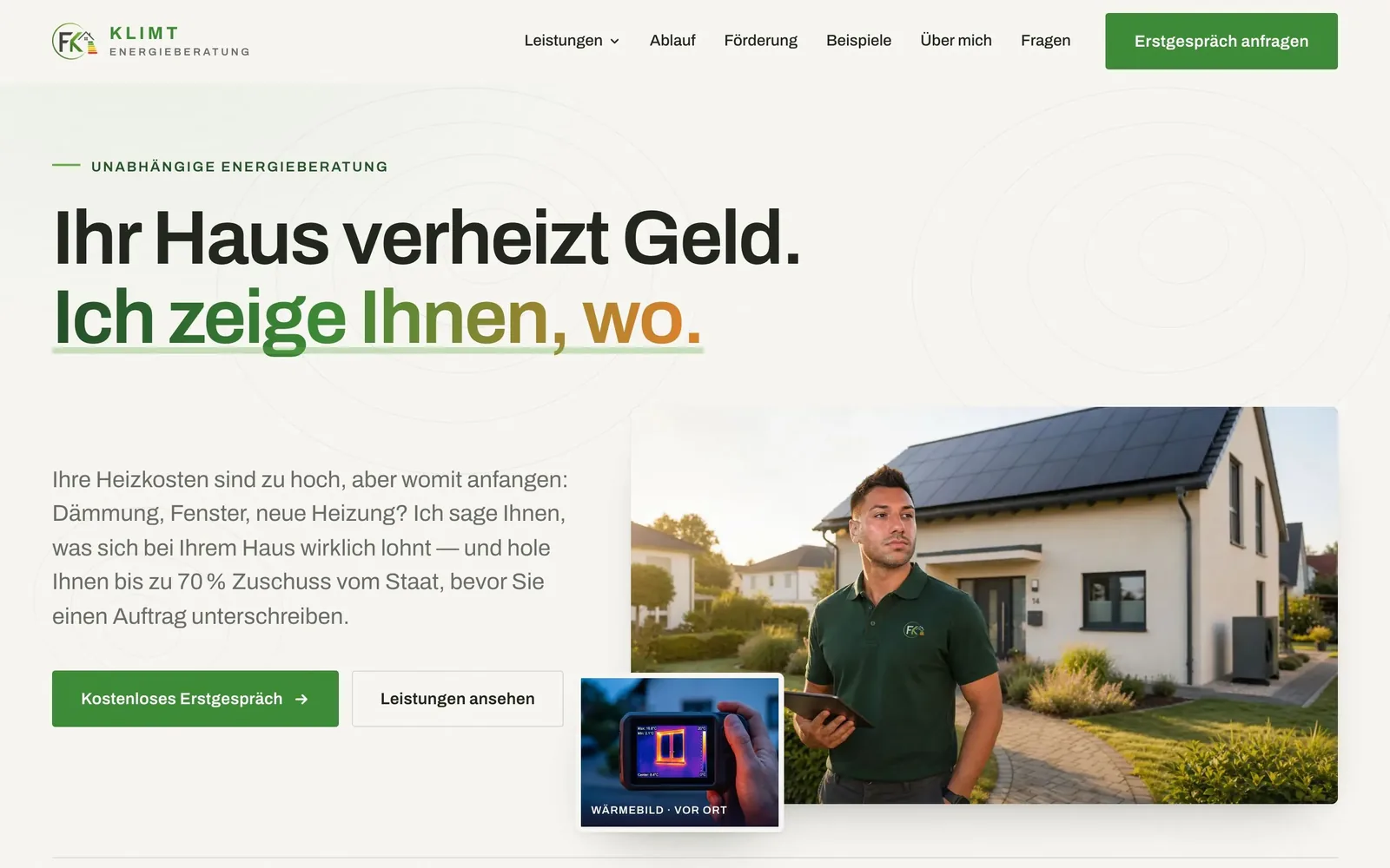 Startseite der Webseite für Klimt Energieberatung am Rechner