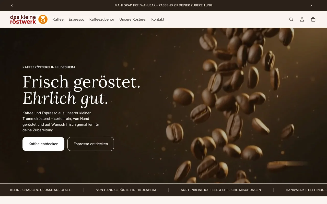 Startseite des Onlineshops Das kleine Röstwerk am Rechner